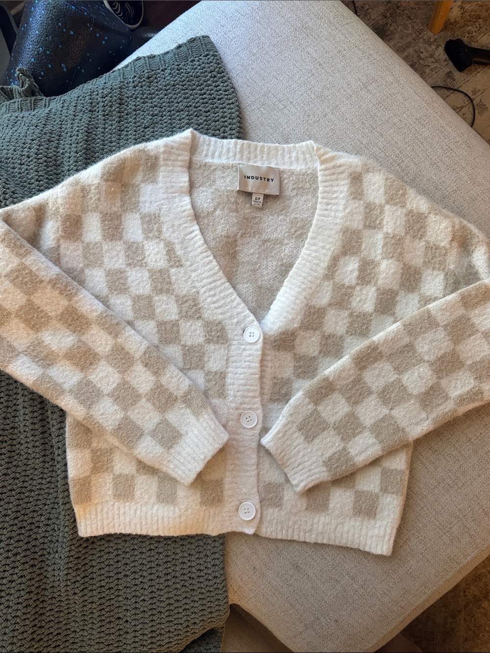 Industry Republic Ivory & Beige Checker Fuzzy Cardigan